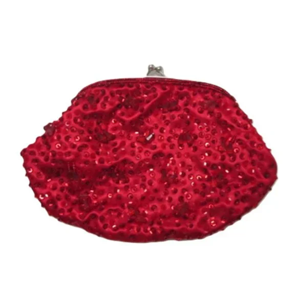 Red Beaded Evening Bag Clucth with handle - Picture 2 of 7